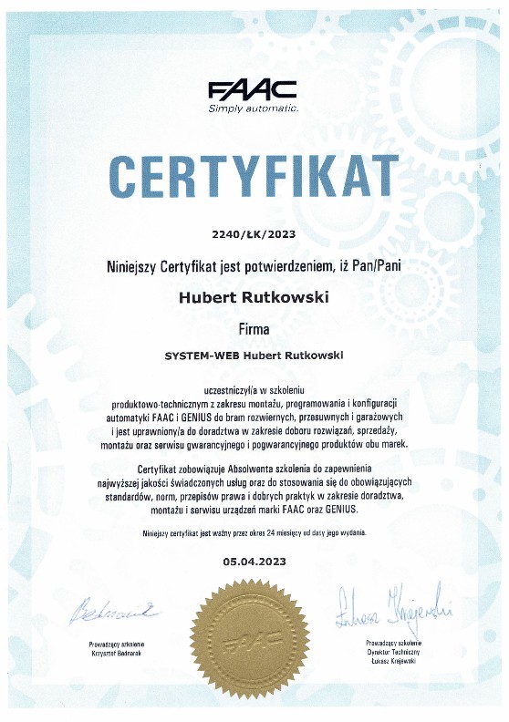 Certyfikat FAAC automatyka bramowa