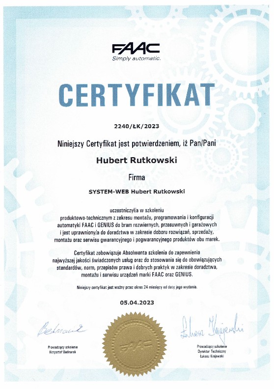 Certyfikat FAAC Hubert Rutkowski Certyfikat FAAC automatyka bramowa